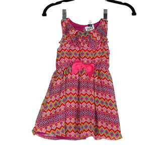Nanette Girls Sleeveless Dress Size 4T Pink Chevron Ruffles Stretch Bow Lined